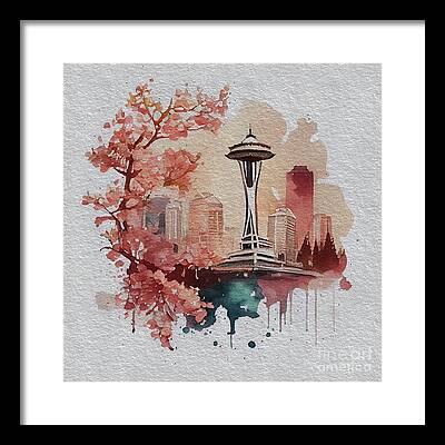 Seattle Landmarks Digital Art Framed Prints