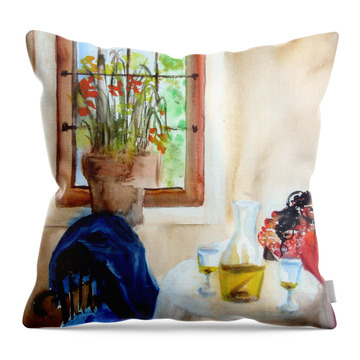 Still Life With Clothing On Chairs With Wine And Glasses Throw Pillows