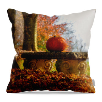 Pumpkin On A Bench Throw Pillows