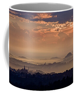 Sun Rain Storm Cloud Vapor Landscape Italy Hills Fog Wide Panorama Coffee Mugs