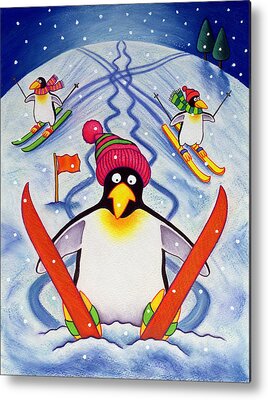 Winter Snow Penguin Ski Skis Disaster Accident Pole Wooly Hat Pom-pom Flag Metal Prints