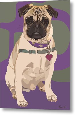 Pug In Purple Collar Metal Prints