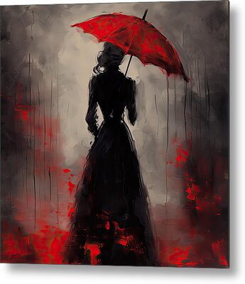 Lady With Red Umbrella Metal Prints