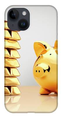 Gold Piggy Bank Beside A Stack Of Ingots by Anthony Bradshaw