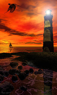Lighthouse In Sunset Digital Art Posters
