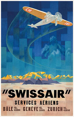 Vintage Swissair airline print retro Switzerland Travel poster