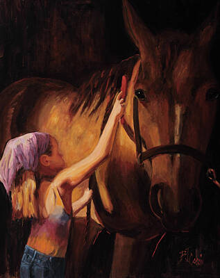 Girl Brushing Horse In Barn Posters