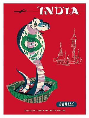 Vintage Airline Travel Poster by Harry Rogers c.1960s Pacifica Island Art Hong Kong 12in x 18in Qantas Airways Chinese Treasure Dragon Master Art Print