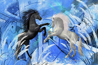 Black And White Horses Mixed Media Posters