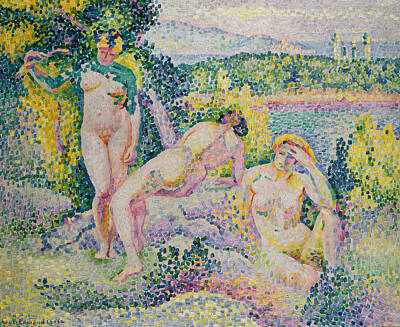 Nymphs Female Bather Bathers Nude Landscape Pointillism Pointillist Posters