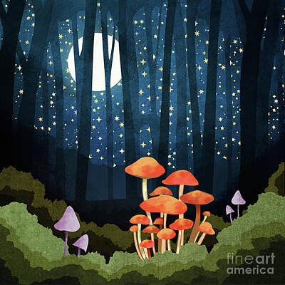 Blue Mushrooms Digital Art Posters