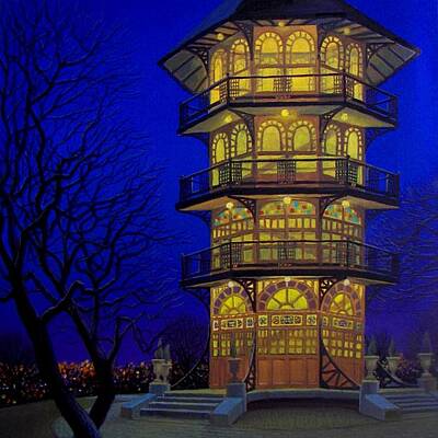 Pagoda Baltimore Patterson Park Cityscape Night Blue Nocturne Moonlight Art