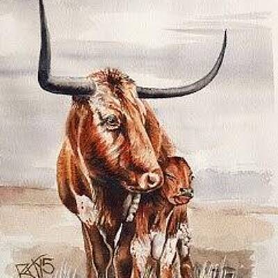  Painting - Mother and child longhorn by David Rhys