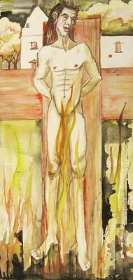 This Is A Matted And Framed Of A Nude Male Figure On A Cross Paintings