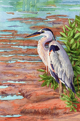  Painting - Great Blue Heron in a Marsh by Janet Zeh