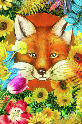  Digital Art - Fox in Floral by MGL Meiklejohn Graphics Licensing