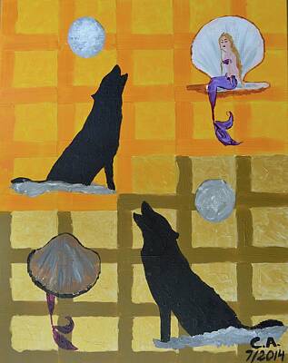  Painting - Wolf opens Shell with Mermaid by Cecilia Anastos