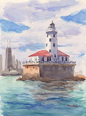 Lake Michigan Sunset Watercolor Art Notecards Chicago Harbor Lighthouse IL 