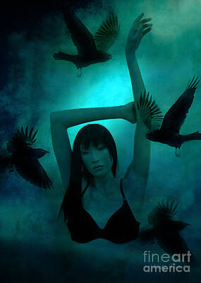 Teal Aqua Green Ravens Crows Surreal Art Prints