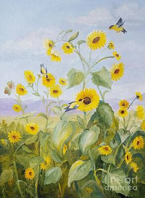  Painting - Goldfinches on Sunflowers by Dorothy Weichenthal