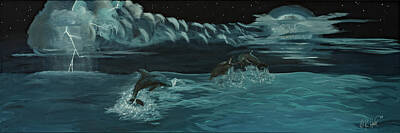  Painting - Dolphins in the Moonlight by Andreas Hohl