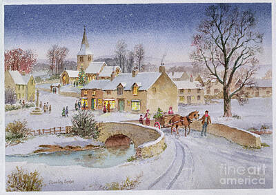 Rural Snow Winter Horse And Cart Tree Evening Bridge Cross Christmas Paintings
