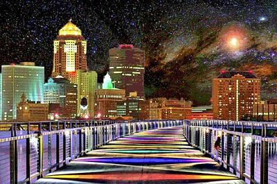 Digital Art - Des Moines Grays Bridge Cityscape by Mary Clanahan