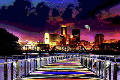  Digital Art - Des Moines Grays Bridge Nightscape by Mary Clanahan