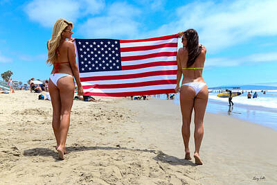  Photograph - Girls on Beach with US Flag by George Hobbs