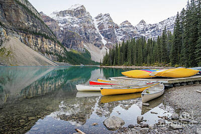  Photograph - Moraine Lake Canada Mountain Reflection With Canoes by Christy Woodrow