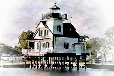 Roanoke River Lighthouse 1886 Edenton North Carolina Matted Watercolor Art Print 