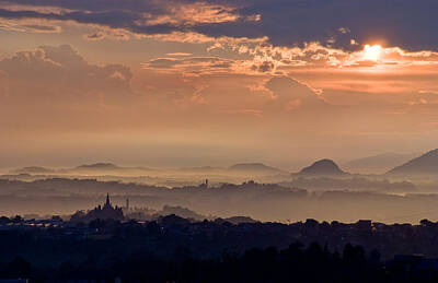 Sun Rain Storm Cloud Vapor Landscape Italy Hills Fog Wide Panorama Art Prints
