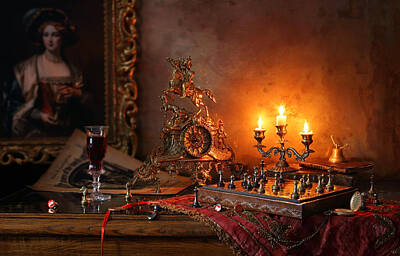 board games, chess, candles, clocks, still life
