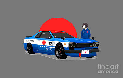 Impression métallique for Sale avec l'œuvre « Nissan GTR R34 Skyline Manga  Soleil Levant » de l'artiste GeeknGo