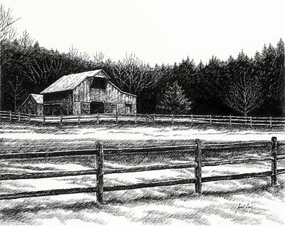 Red Roofed Barn Drawings Art Prints