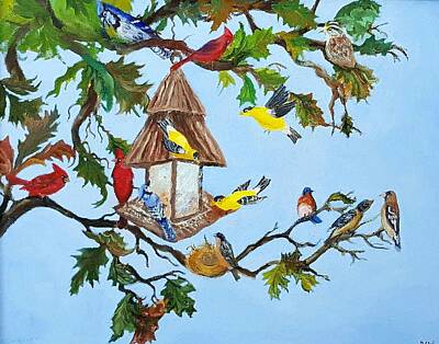  Painting - Birds on feeder by Dorothy Weichenthal