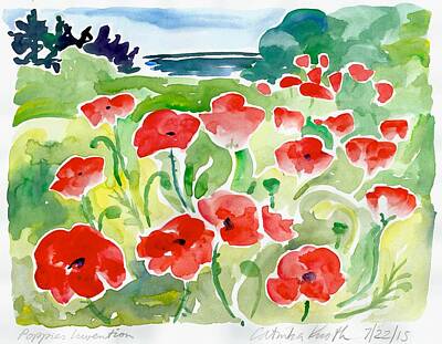  Painting - Red poppies coastal scene watercolor  by Catinka Knoth