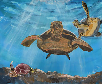  Painting - Frolicking Sea Turtles by Andreas Hohl