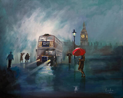  Painting - London painting rain red umbrella  by Gordon Bruce