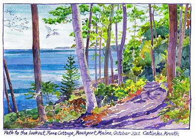  Painting -  Path through fall woods to lookout above rocky coast of Rockport Maine by Catinka Knoth