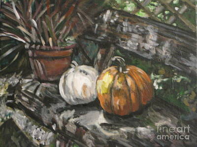  Painting - Pumpkin Friends on Bench by Whitney Wiedner