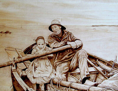 Pyrography Woodburning Sepia Boat Ocean Row Grandpa Child Granddaughter Art