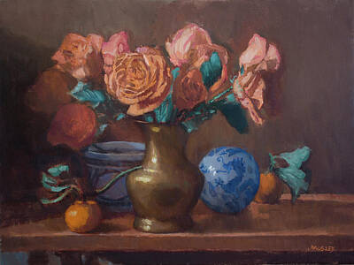  Painting - Peach Roses with Tangerines and Dragon Ball by Walter Lynn Mosley