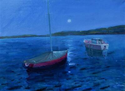  Painting - 2 Boats In Moonlight by Ron Wilson