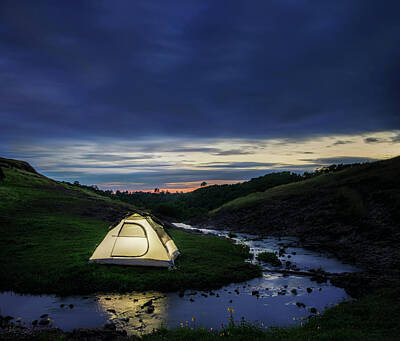  Photograph - Tent in a Green Meadow Next to a Stream at Sunset by Ben North