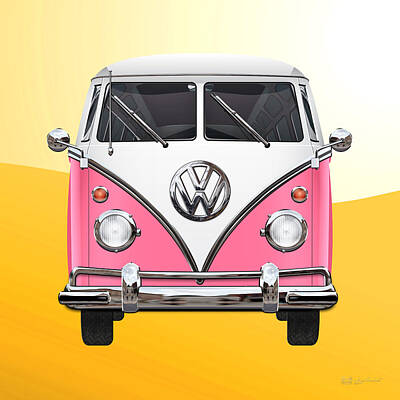 Pink And White Volkswagen T 1 Samba Bus On Yellow Art
