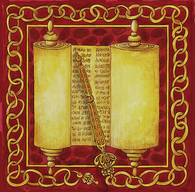 Vintage Religious Painting of Rabbi and Torah Scrolls