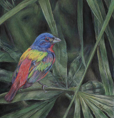  Mixed Media - Painted Bunting on Palm Leaves by Meredith Moss