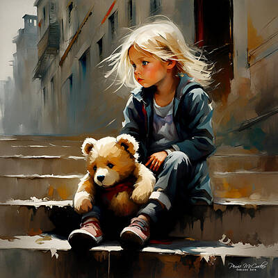 Child With Teddy Bear Mixed Media Art Prints
