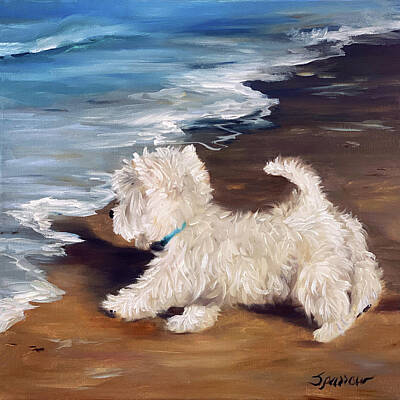 Cute Dog Playing On Beach Art Prints